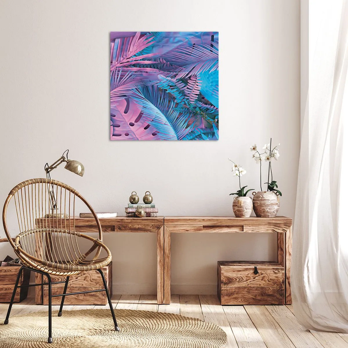 Quadro em tela - Trópicos em rosa e azul - 30x30 cm