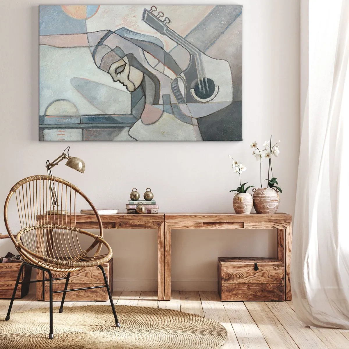 Quadro em tela - Uma figura abstrata com uma guitarra em cores pastéis. - 70x50cm - No poder da música - Decoração de parede moderna para a sala de estar e quarto ARTTOR