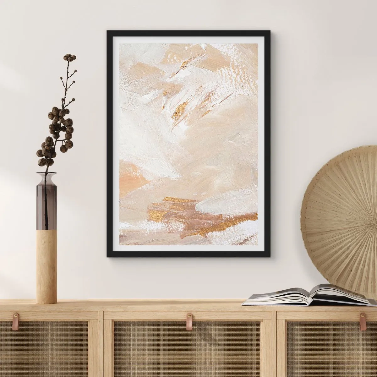 Pôster com moldura preta - Pinceladas abstratas em bege e dourado - 50x70cm - Composição pastel - Decoração de parede moderna para a sala de estar e quarto ARTTOR