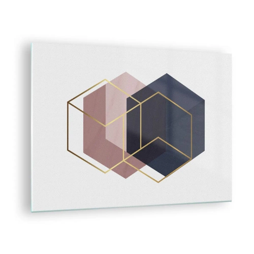 Quadro em vidro - Contornos dourados de cubos sobre um fundo de sólidos azul marinho e rosa - 70x50cm - O poder da simplicidade - Decoração de parede moderna para a sala de estar e quarto ARTTOR