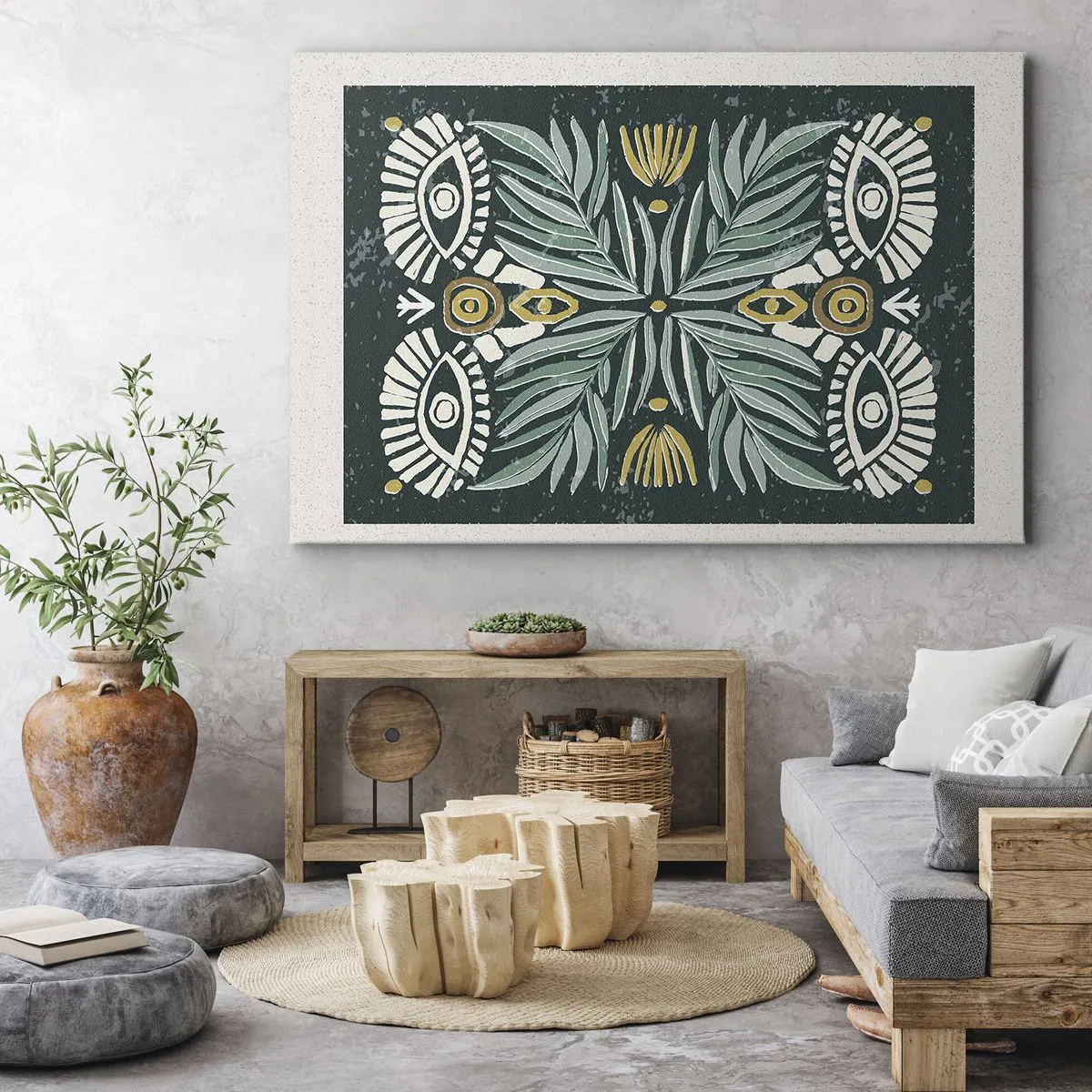 Quadro em tela - Padrão de planta simétrico em um fundo verde - 70x50cm - Como um recorte folclórico - Decoração de parede moderna para a sala de estar e quarto ARTTOR