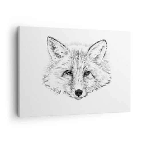 Quadro em tela - Desenho em preto e branco de uma cabeça de raposa sobre fundo branco - 70x50cm - Esses olhos podem mentir? - Decoração de parede moderna para a sala de estar e quarto ARTTOR