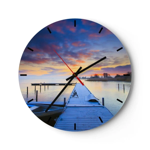 Relógio de parede - Relógio em vidro - Píer à beira do lago ao nascer do sol - 30x30cm - Paz violeta-dourada - Decoração de parede moderna para a sala de estar, cozinha e quarto ARTTOR