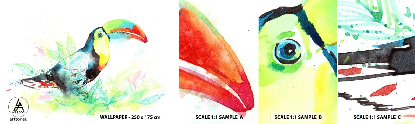 Amostra de papel de parede autocolante Deluxe Sticker - Colorido como a América do Sul - Pássaro, Tucano, Para crianças - 100x30 cm