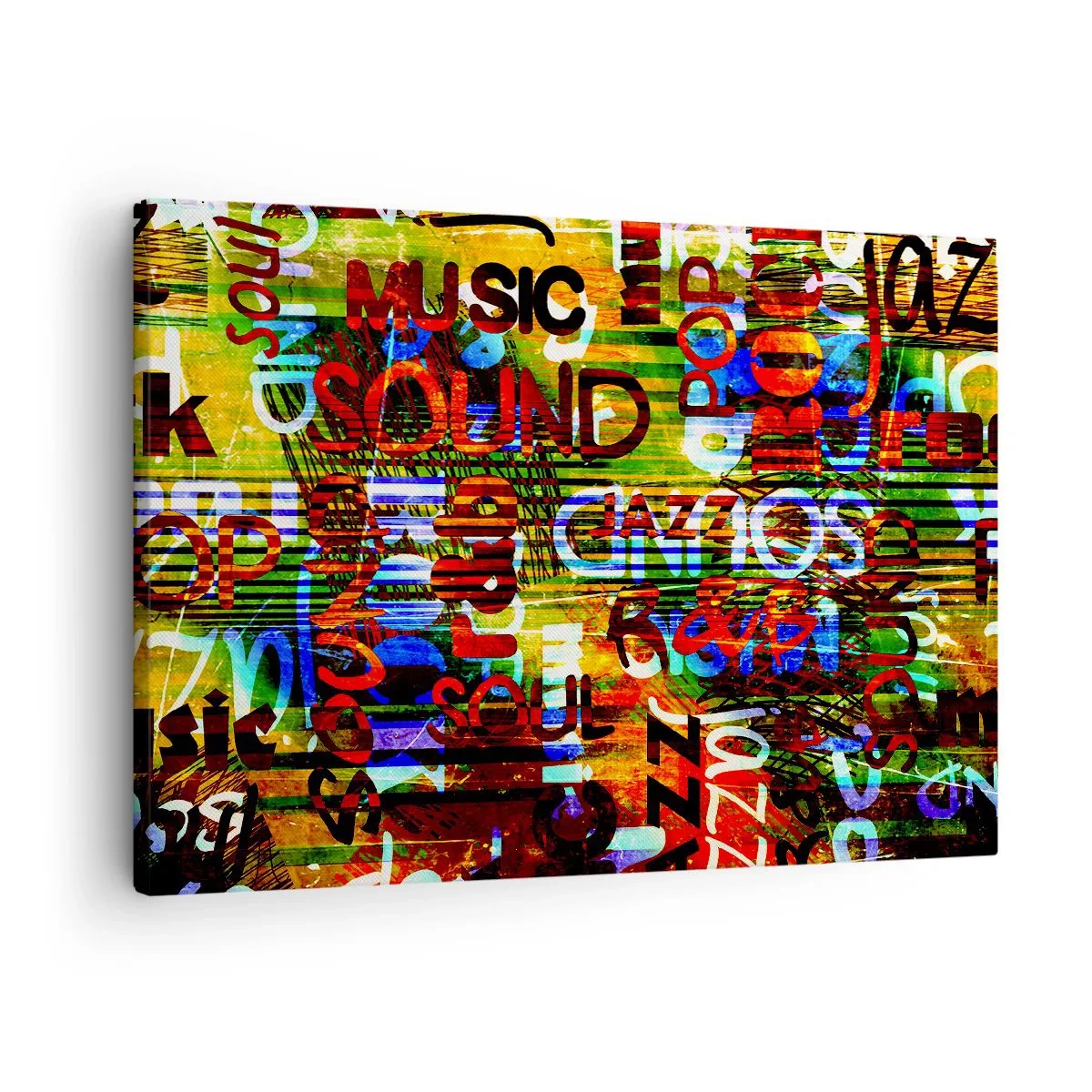 Quadro em tela - Abstração colorida com inscrições musicais em estilo pop art - 70x50cm - Todas as cores do som - Decoração de parede moderna para a sala de estar e quarto ARTTOR