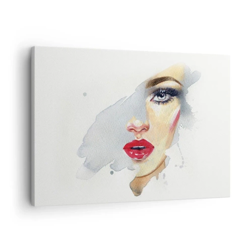 Quadro em tela - Um retrato em aquarela de uma mulher com um olhar intenso. - 70x50cm - Reflexão numa gota de água - Decoração de parede moderna para a sala de estar e quarto ARTTOR