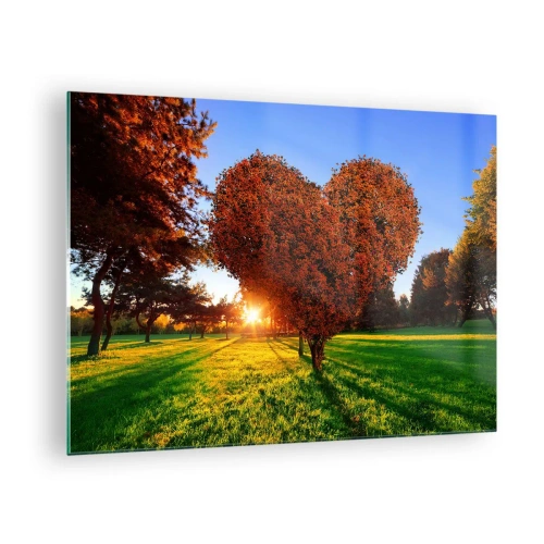 Quadro em vidro - Uma árvore em forma de coração tendo como pano de fundo o pôr do sol - 70x50cm - E como não amar o outono - Decoração de parede moderna para a sala de estar e quarto ARTTOR