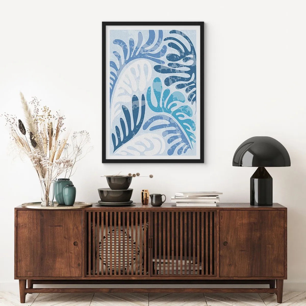 Pôster com moldura preta - Composição abstrata de folhas em tons de azul - 50x70cm - Samambaias azuis - Decoração de parede moderna para a sala de estar e quarto ARTTOR