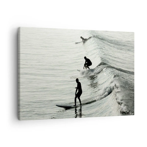 Quadro em tela - Surfistas nas ondas em uma foto monocromática - 70x50cm - Para conhecer a onda - Decoração de parede moderna para a sala de estar e quarto ARTTOR