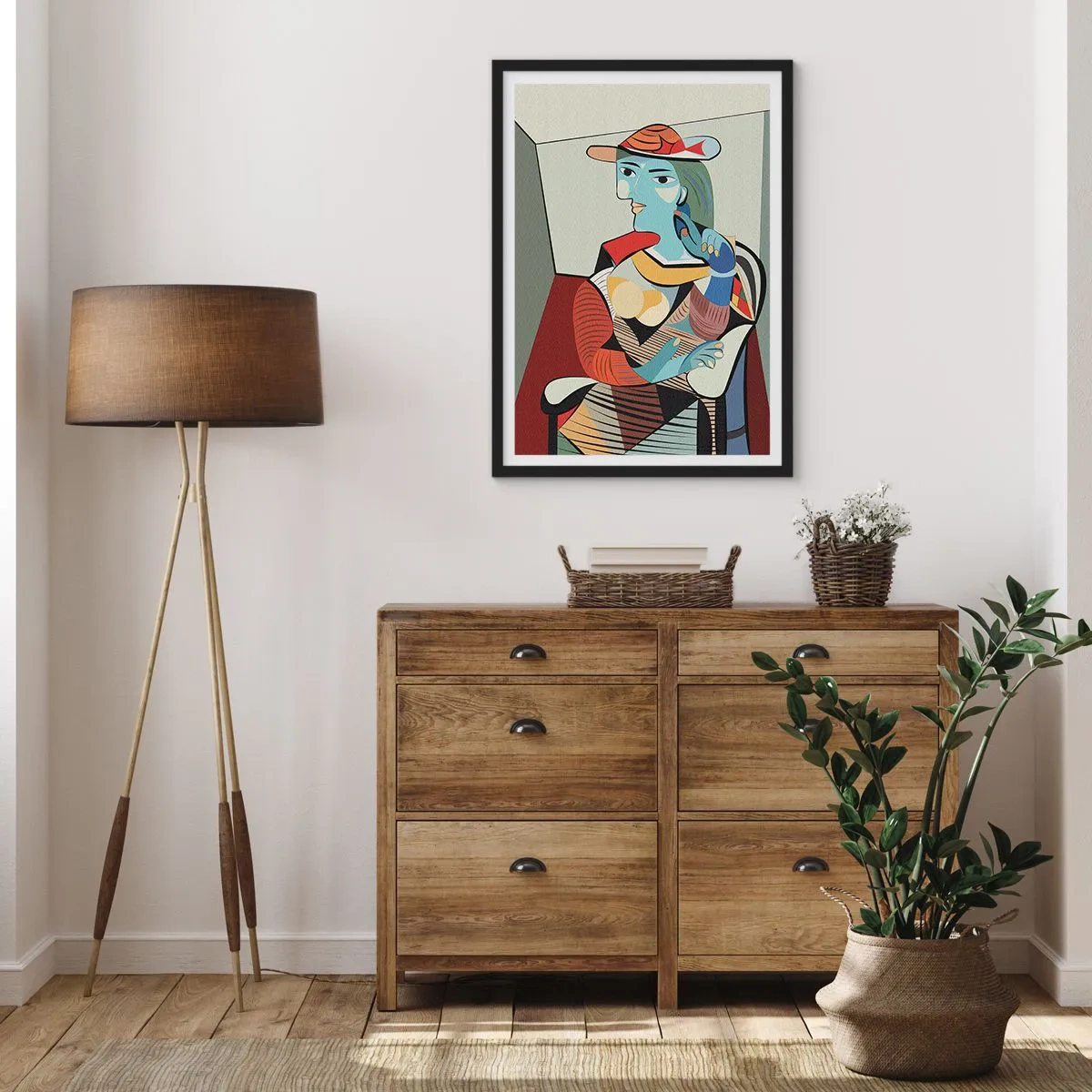 Pôster com moldura preta - Retrato cubista de uma mulher usando um chapéu - 50x70cm - Pelos olhos de Picasso - Decoração de parede moderna para a sala de estar e quarto ARTTOR