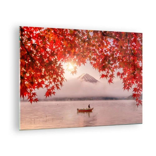 Quadro em vidro - Monte Fuji com um barco em um lago cercado por folhas vermelhas - 70x50cm - No clima japonês - Decoração de parede moderna para a sala de estar e quarto ARTTOR