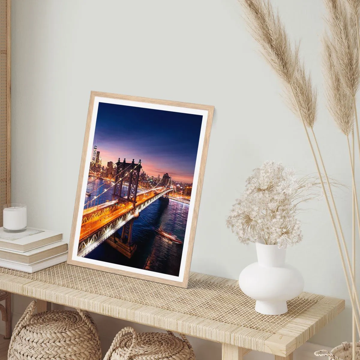 Pôster com moldura de carvalho claro - Uma ponte luminosa para o coração da cidade - 40x50 cm