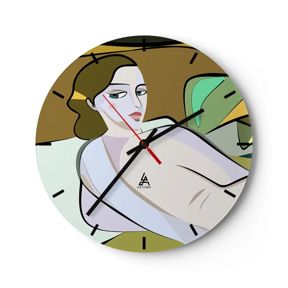 Relógio de parede - Relógio em vidro - Uma figura feminina no estilo cubista sobre um fundo abstrato - 30x30cm - Retrato íntimo - Decoração de parede moderna para a sala de estar, cozinha e quarto ARTTOR