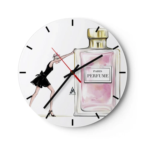 Relógio de parede - Relógio em vidro - Uma mulher com um frasco de perfume - 30x30cm - A essência da feminilidade - Decoração de parede moderna para a sala de estar, cozinha e quarto ARTTOR