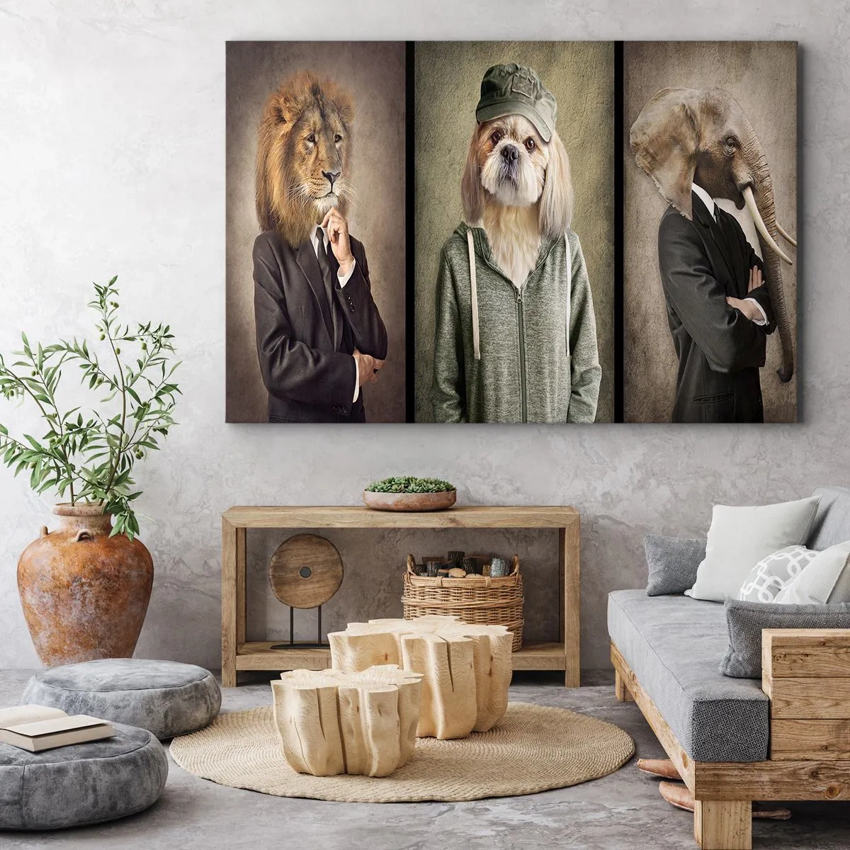 Quadro em tela - Retratos estilizados de um leão, um cachorro e um elefante em roupas elegantes - 70x50cm - Prefiro relaxar - Decoração de parede moderna para a sala de estar e quarto ARTTOR