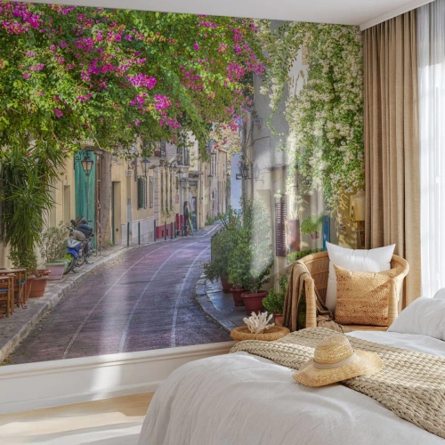Papel de parede personalizado Premium Sand - Beco florido - Arquitetura, Grécia, Cidade