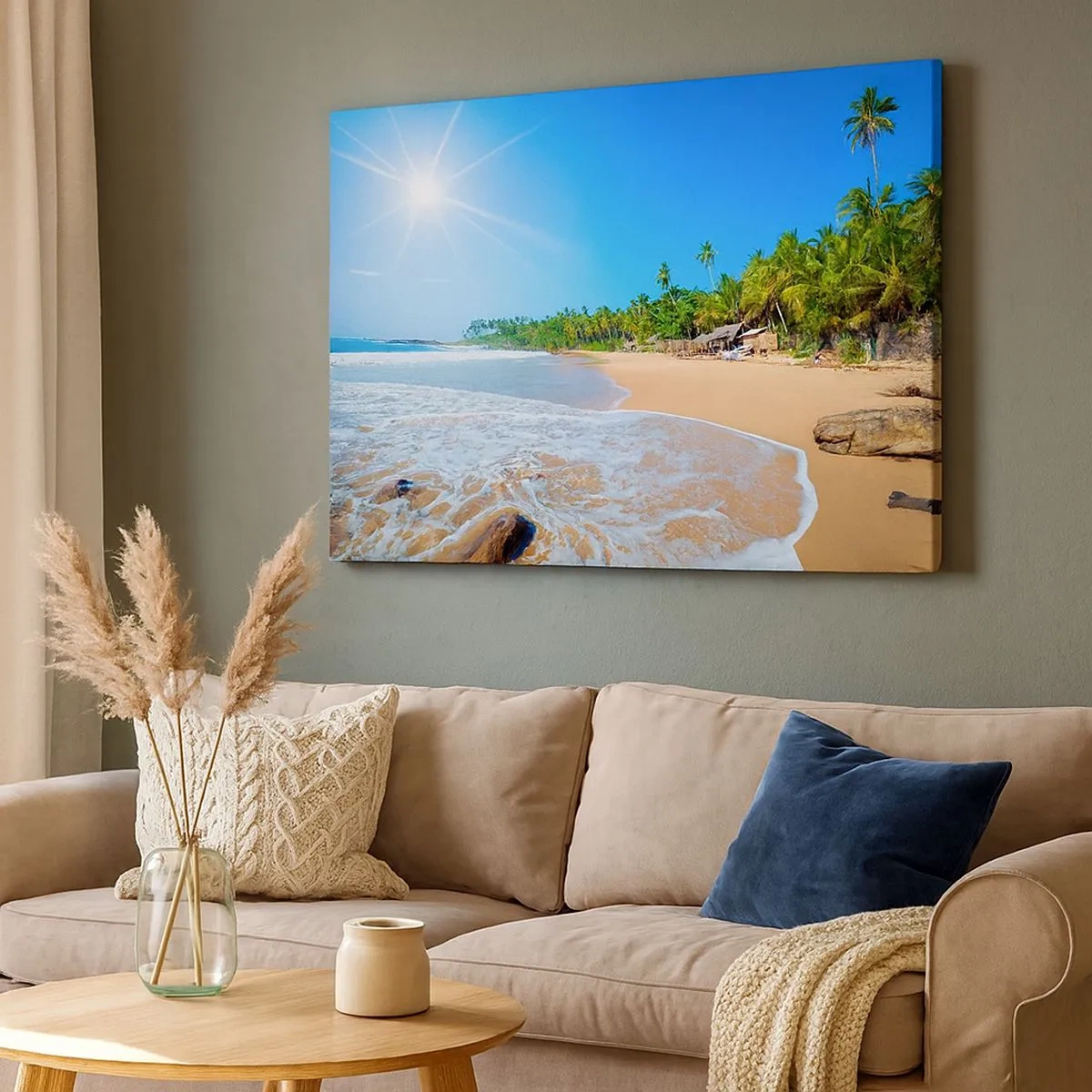 Quadro em tela - Praia tropical com palmeiras e céu azul - 70x50cm - Um lugar exótico para si - Decoração de parede moderna para a sala de estar e quarto ARTTOR