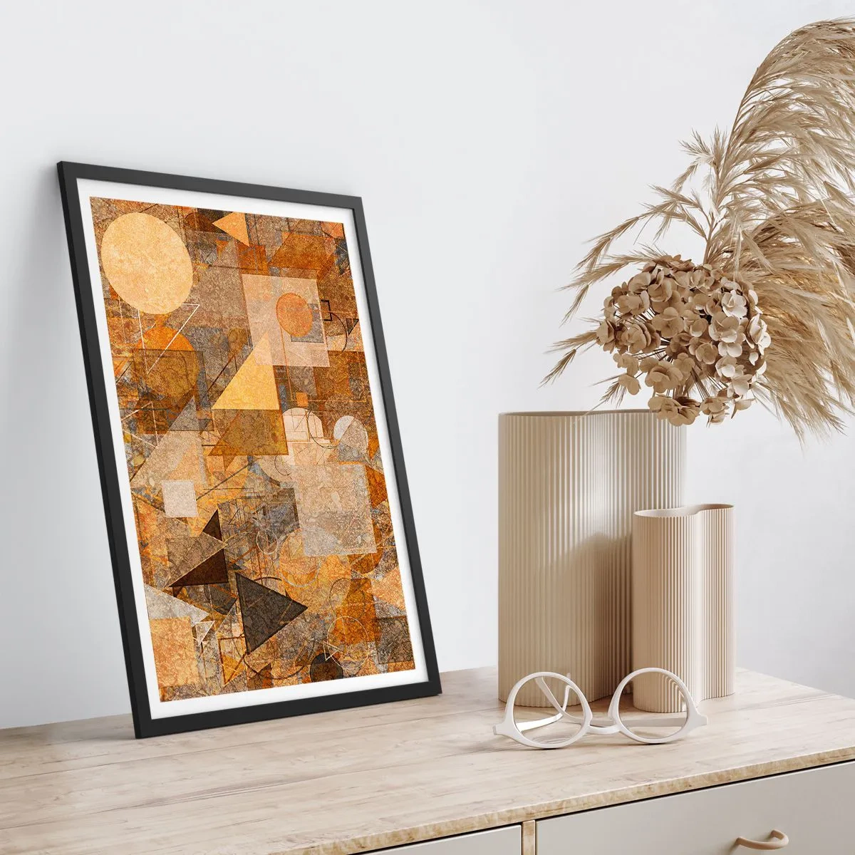 Pôster com moldura preta - Composição geométrica abstrata em tons de marrom e laranja - 50x70cm - Estudo Cubista em Bronze - Decoração de parede moderna para a sala de estar e quarto ARTTOR