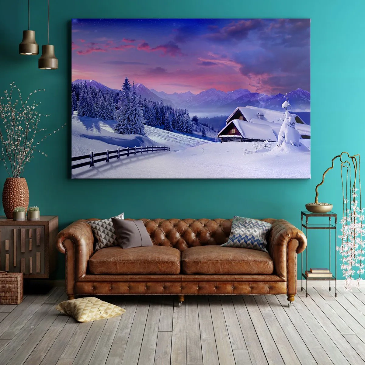Quadro em tela - Paisagem de inverno com chalés de montanha ao pôr do sol - 70x50cm - Noite silenciosa - Decoração de parede moderna para a sala de estar e quarto ARTTOR