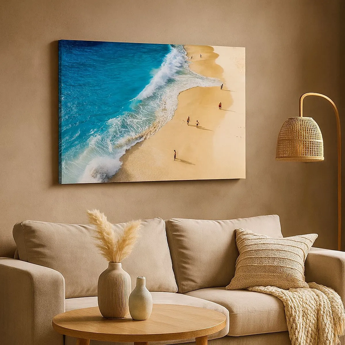 Quadro em tela - Uma praia com águas turquesas e pessoas caminhando por ali - 70x50cm - E depois o sol, a praia… - Decoração de parede moderna para a sala de estar e quarto ARTTOR
