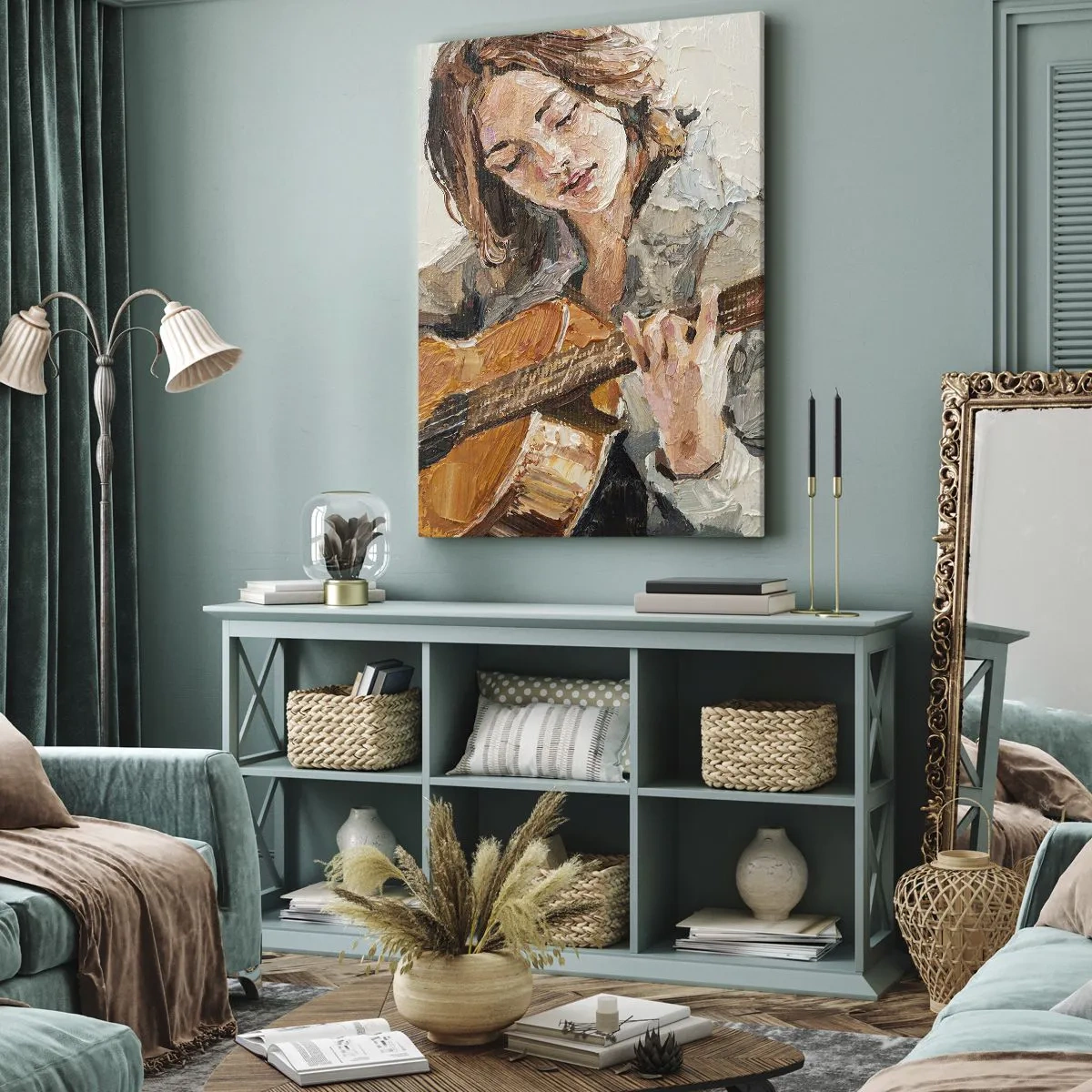 Quadro em tela - Concerto de violão e coração de rapariga - 55x100 cm