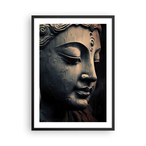 Pôster com moldura preta - Close-up de uma escultura de Buda em luz quente - 50x70cm - Em harmonia com o mundo - Decoração de parede moderna para a sala de estar e quarto ARTTOR