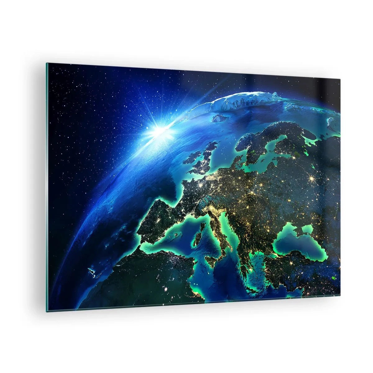 Quadro em vidro - Vista da Terra do espaço com Europa brilhando à noite - 70x50cm - Uma Europa cintilante - Decoração de parede moderna para a sala de estar e quarto ARTTOR