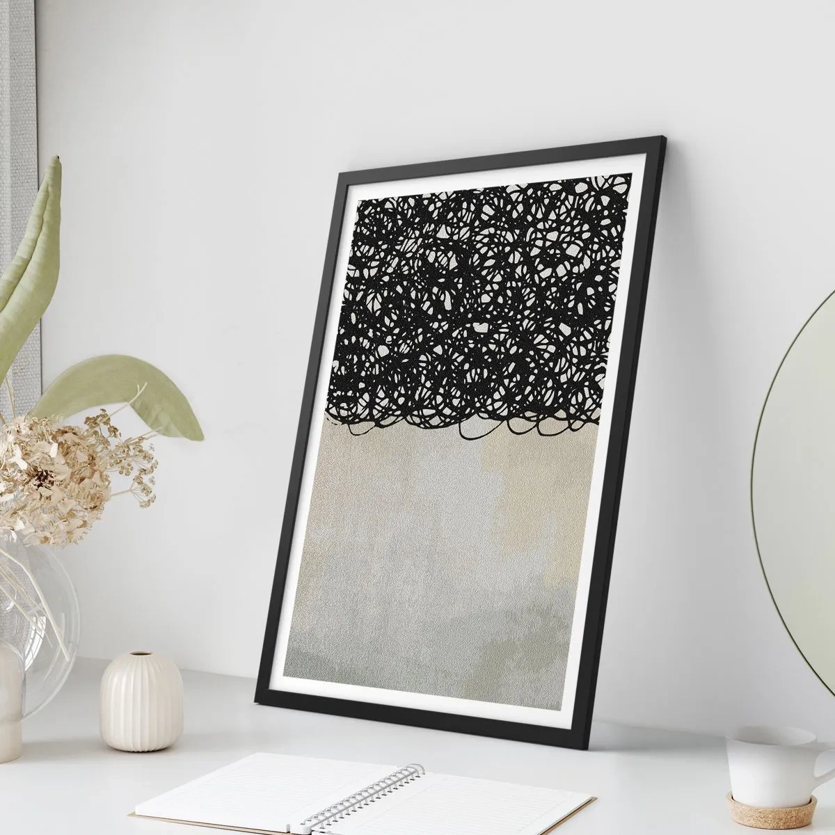 Pôster com moldura preta - Composição abstrata com linhas pretas sobre fundo claro - 50x70cm - Abstração turbulenta - Decoração de parede moderna para a sala de estar e quarto ARTTOR