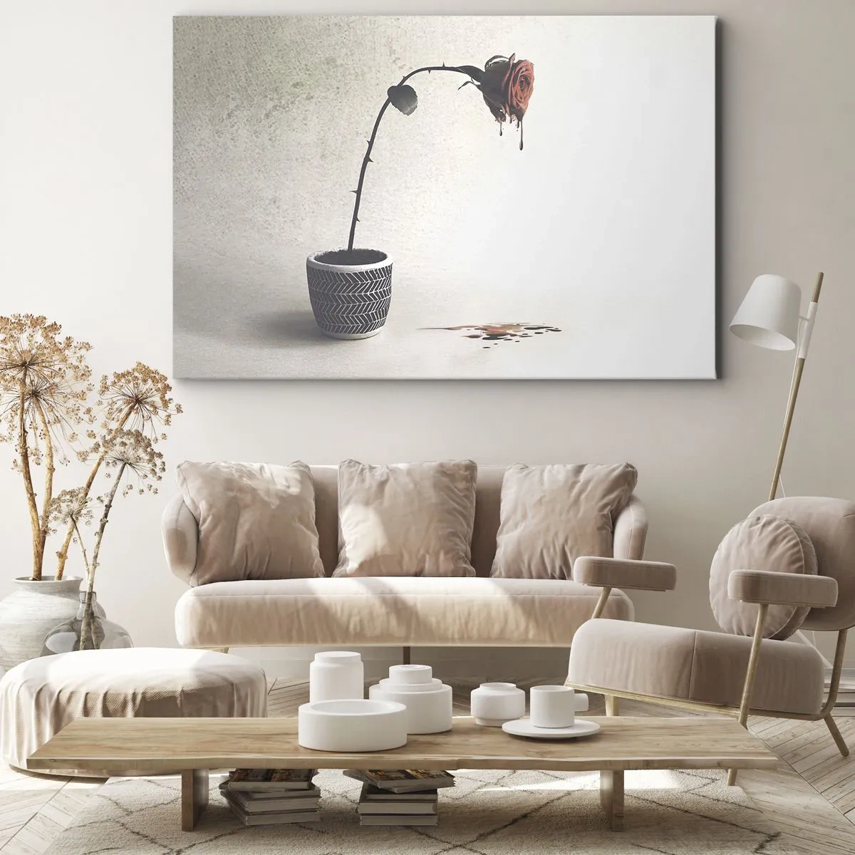 Quadro em tela - Uma rosa vermelha em um vaso com gotas de tinta sobre um fundo branco - 70x50cm - Rosa dolorosa - Decoração de parede moderna para a sala de estar e quarto ARTTOR