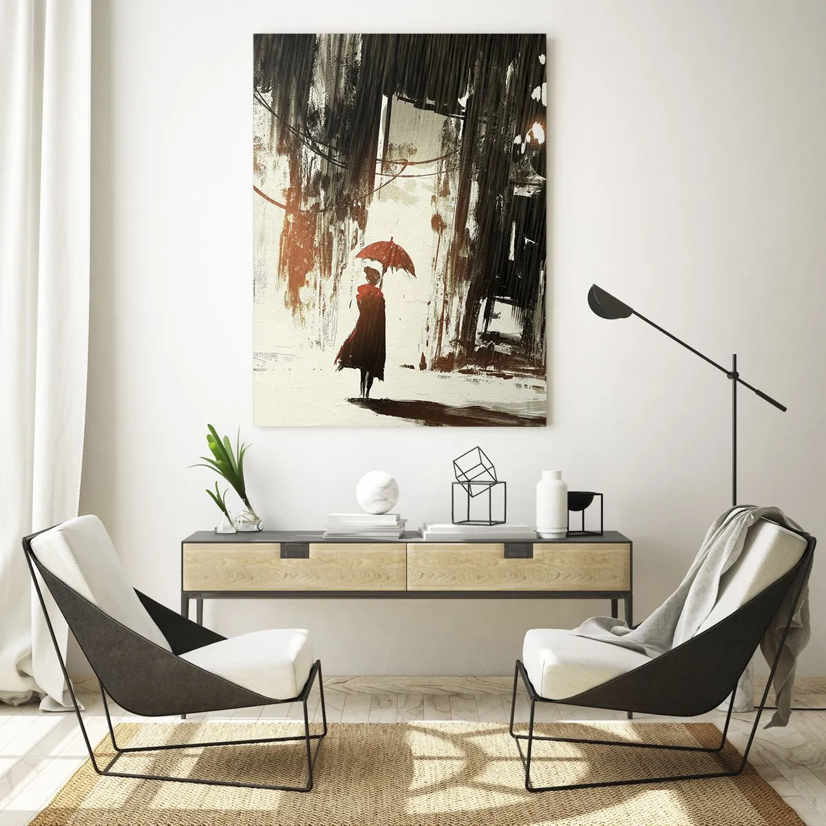 Quadro em vidro - A poesia do guarda-chuva vermelho - 70x100 cm