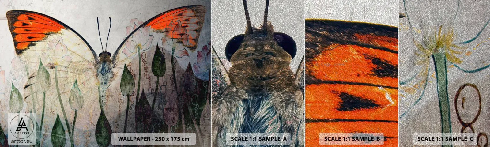 Amostra de papel de parede Premium Sand - Onde a borboleta se esconde na relva - Abstração, Borboleta, Natureza - 100x30 cm