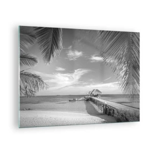 Quadro em vidro - Foto em preto e branco de uma praia tropical com um píer - 70x50cm - Memória ou sonho? - Decoração de parede moderna para a sala de estar e quarto ARTTOR