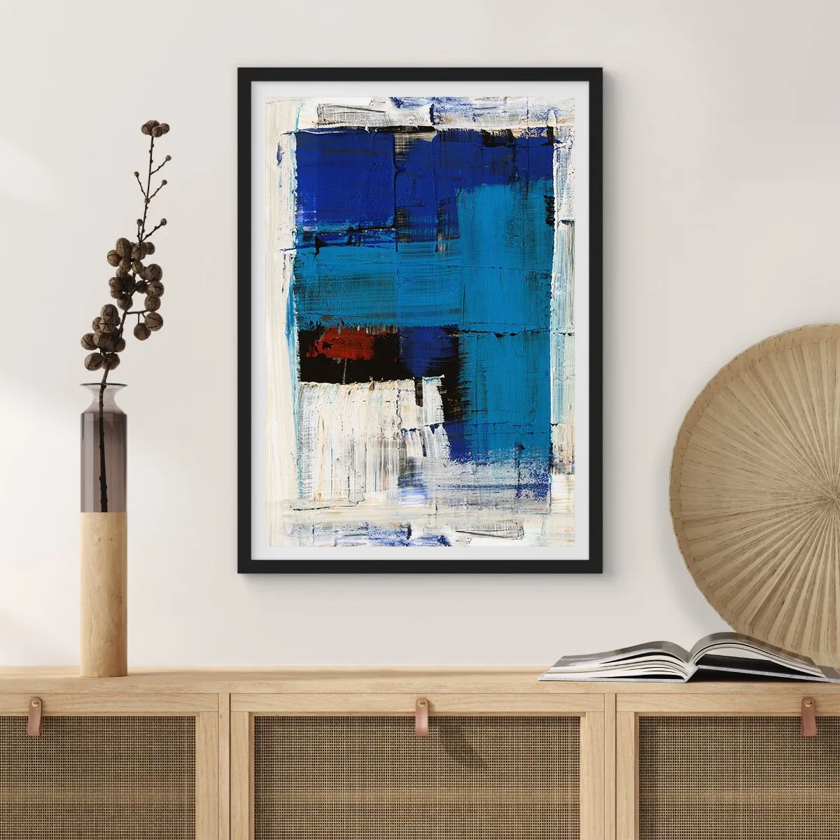 Pôster com moldura preta - Composição abstrata em tons de azul e branco - 50x70cm - O segredo do azul - Decoração de parede moderna para a sala de estar e quarto ARTTOR