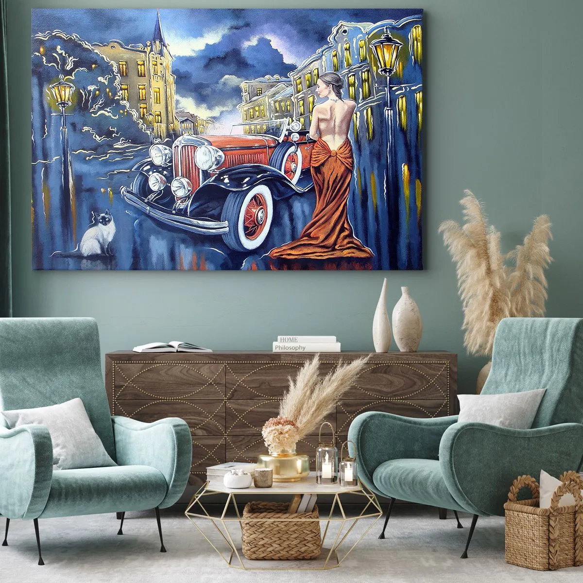 Quadro em tela - Uma mulher com um vestido elegante perto de um carro retrô à noite - 70x50cm - Música instrumental em azul e coral - Decoração de parede moderna para a sala de estar e quarto ARTTOR