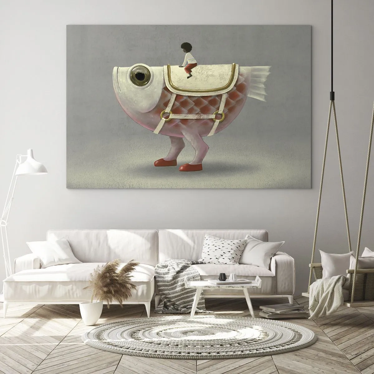 Quadro em vidro - Uma figura cavalgando um peixe rosa com pernas e uma sela - 70x50cm - O cavaleiro Peixoso - Decoração de parede moderna para a sala de estar e quarto ARTTOR