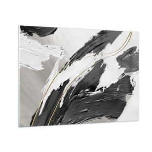 Quadro em vidro - Traços dinâmicos de preto e branco com detalhes dourados - 70x50cm - Abstração em grande escala - Decoração de parede moderna para a sala de estar e quarto ARTTOR