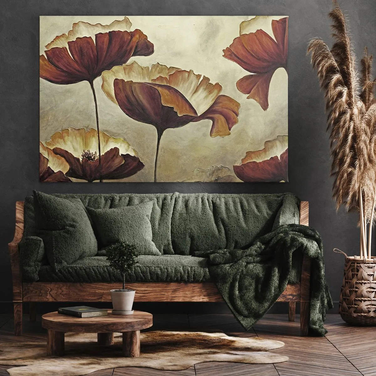 Quadro em tela - Flores sutis em tons de vermelho e dourado sobre fundo claro - 70x50cm - Prados e pradarias - Decoração de parede moderna para a sala de estar e quarto ARTTOR