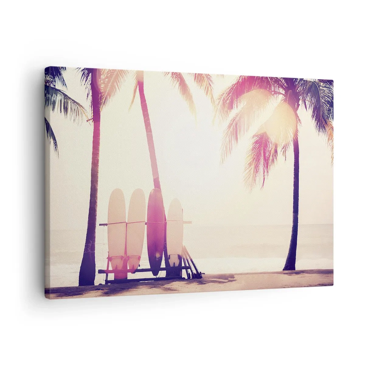 Quadro em tela - Palmeiras e pranchas de surfe na praia sob o sol - 70x50cm - Vai ser um grande dia - Decoração de parede moderna para a sala de estar e quarto ARTTOR