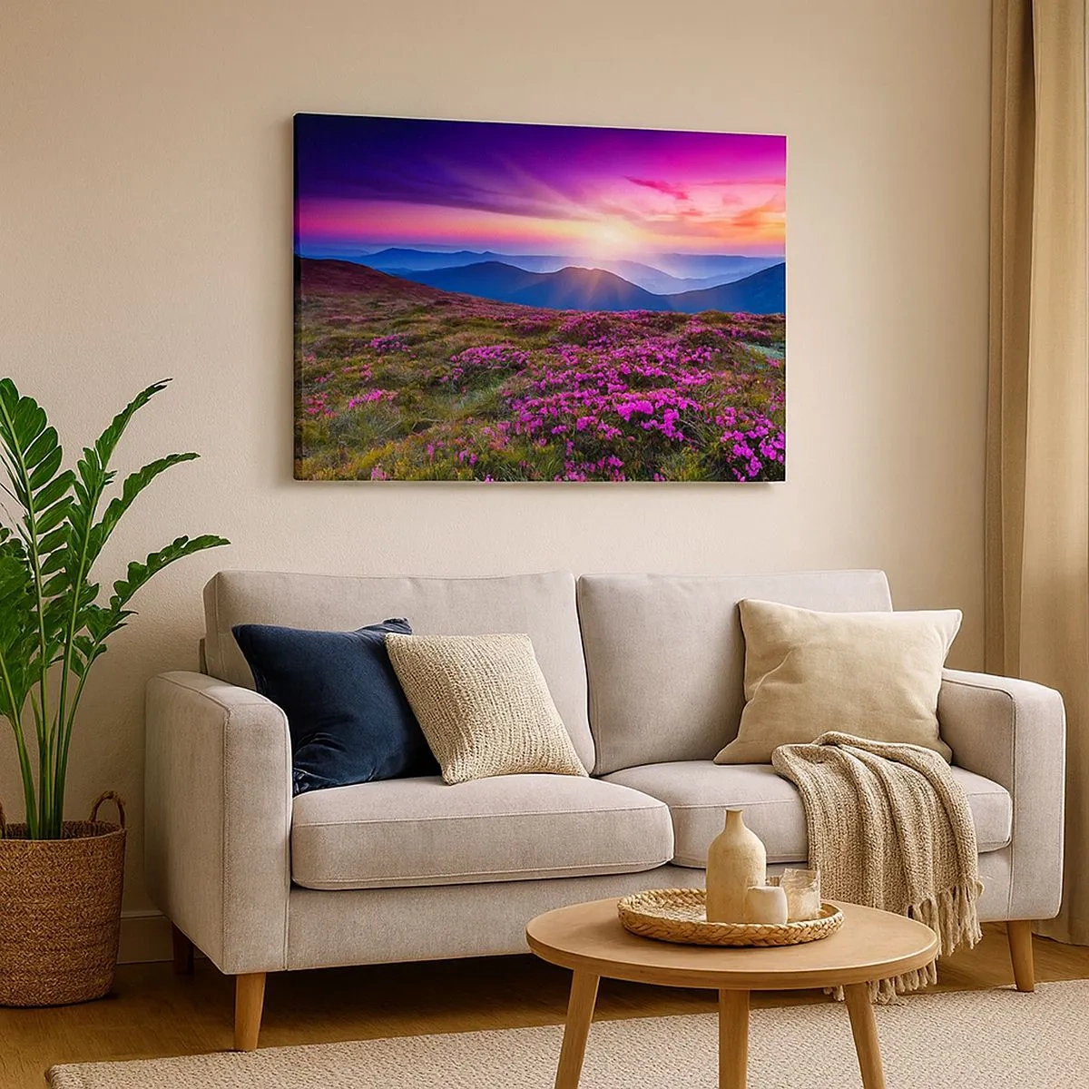 Quadro em tela - Prado de montanha com flores ao pôr do sol - 70x50cm - Campo cheiroso - Decoração de parede moderna para a sala de estar e quarto ARTTOR