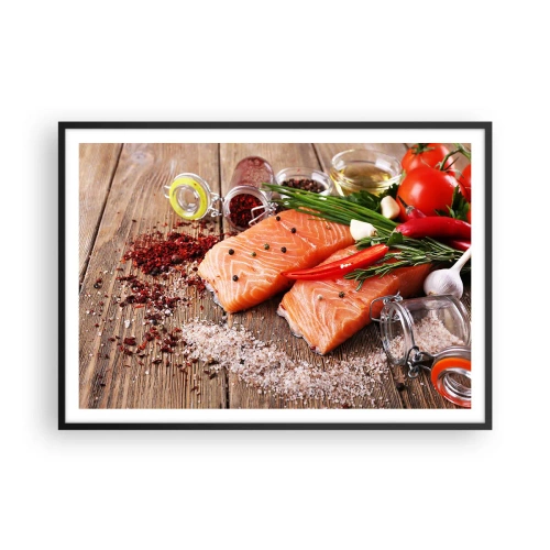 Pôster com moldura preta - Aventura norueguesa na cozinha - 100x70 cm