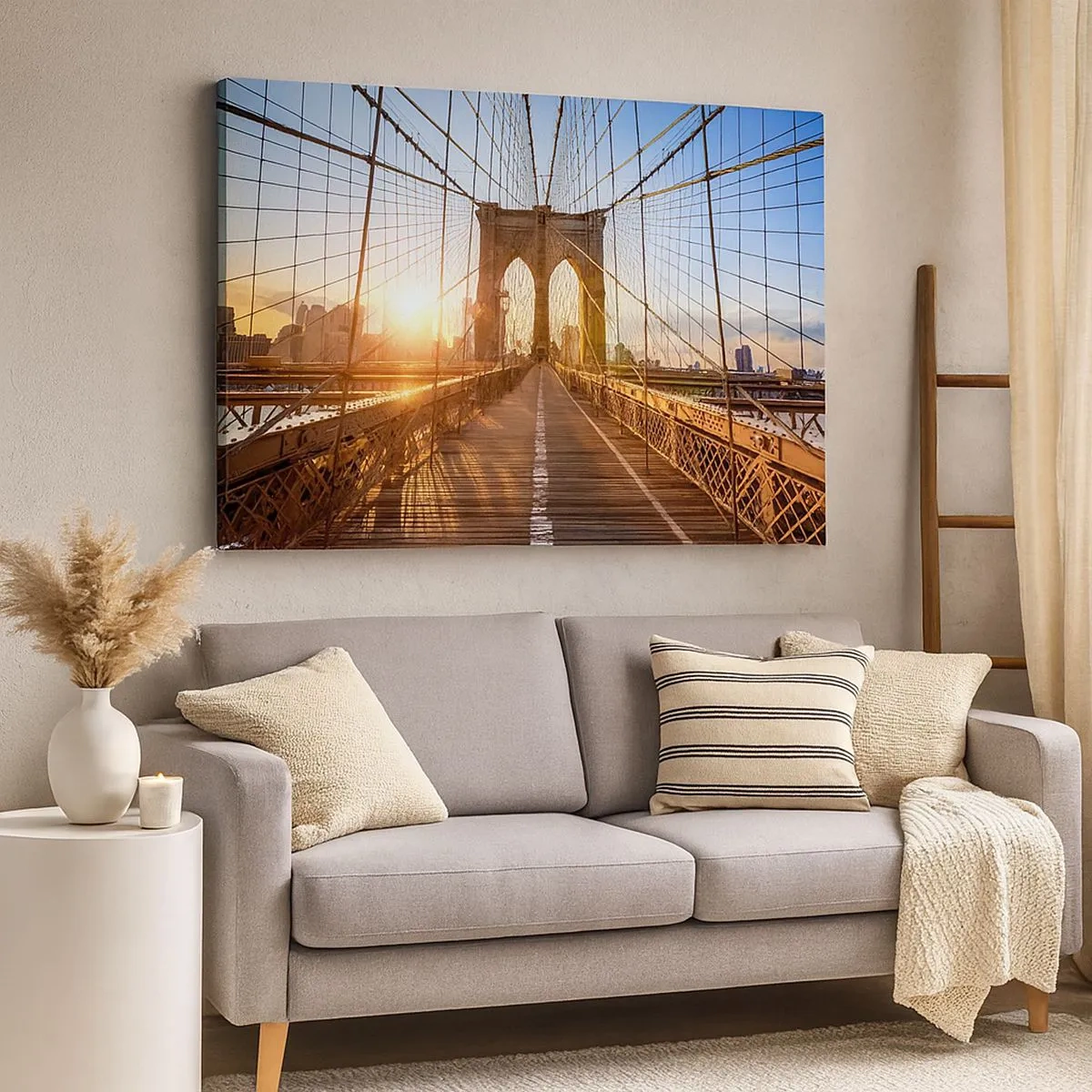 Quadro em tela - A ponte à luz do pôr do sol com vista para a cidade - 70x50cm - Na Ponte Dourada - Decoração de parede moderna para a sala de estar e quarto ARTTOR