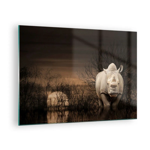Quadro em vidro - Rinoceronte contra o pôr do sol - 70x50cm - Branco contra a natureza - Decoração de parede moderna para a sala de estar e quarto ARTTOR