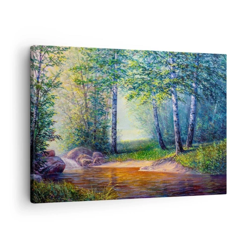 Quadro em tela - Um riacho na floresta cercado por bétulas e sol - 70x50cm - Cenário idílico - Decoração de parede moderna para a sala de estar e quarto ARTTOR