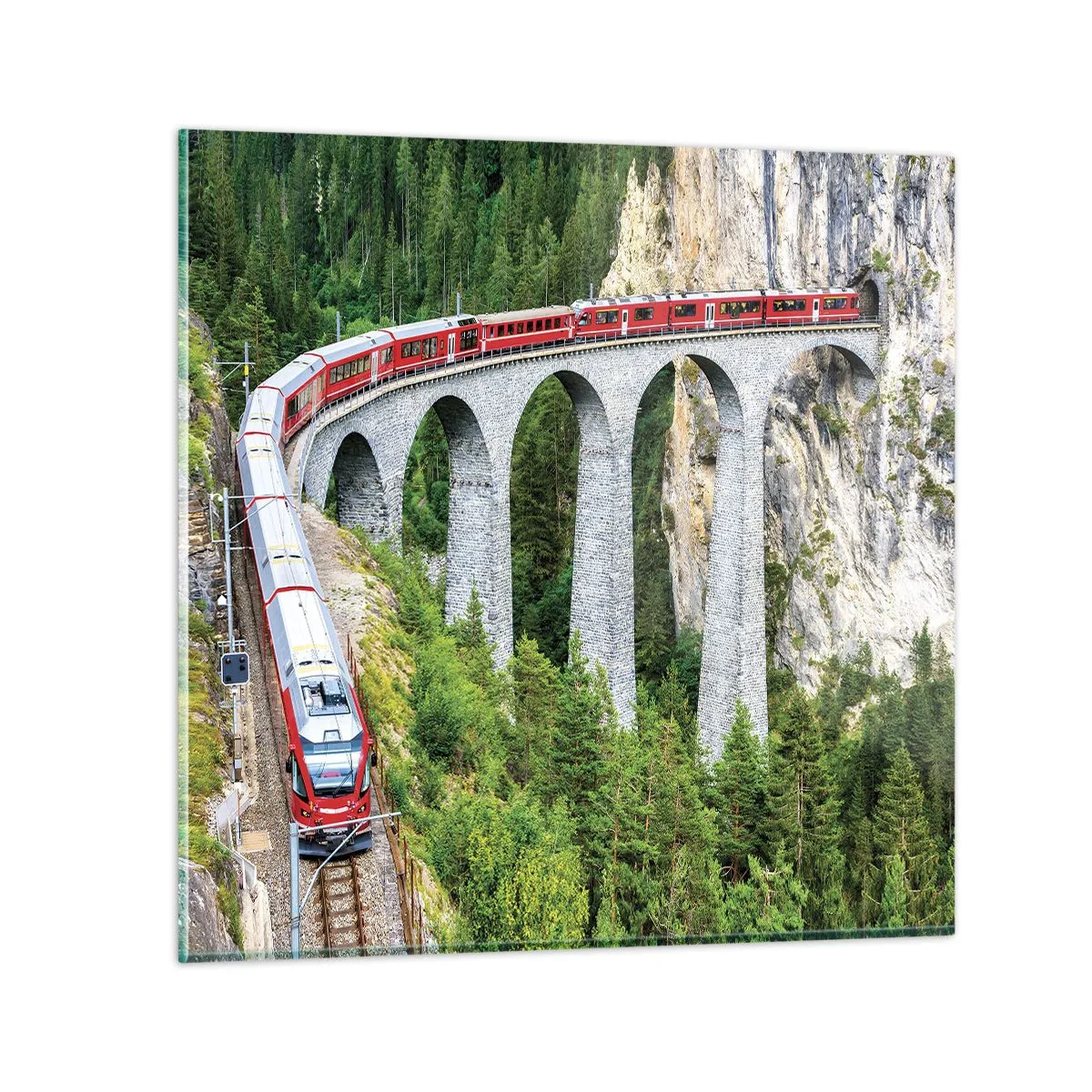 Quadro em vidro - Linha férrea com vista para a montanha - 60x60 cm