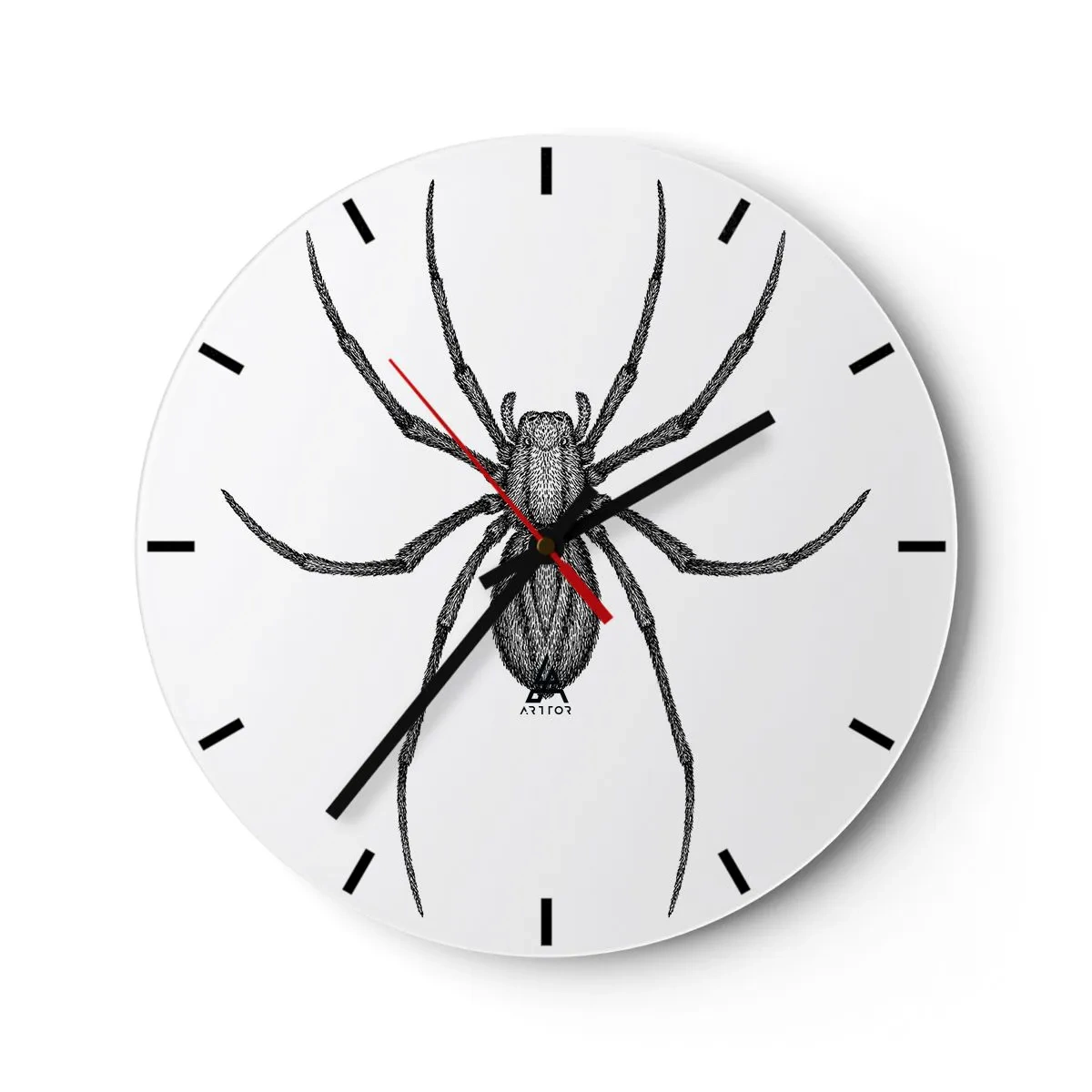 Relógio de parede - Relógio em vidro - Ilustração em preto e branco de uma aranha em um fundo branco - 30x30cm - Precisão perturbadora - Decoração de parede moderna para a sala de estar, cozinha e quarto ARTTOR