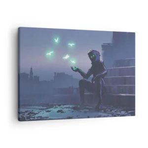Quadro em tela - Uma figura encapuzada com pássaros mágicos no fundo de uma cidade - 70x50cm - A vida vai voltar - Decoração de parede moderna para a sala de estar e quarto ARTTOR