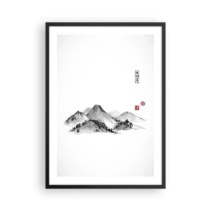 Pôster com moldura preta - Uma paisagem montanhosa minimalista em estilo japonês - 50x70cm - Para além do vale - Decoração de parede moderna para a sala de estar e quarto ARTTOR