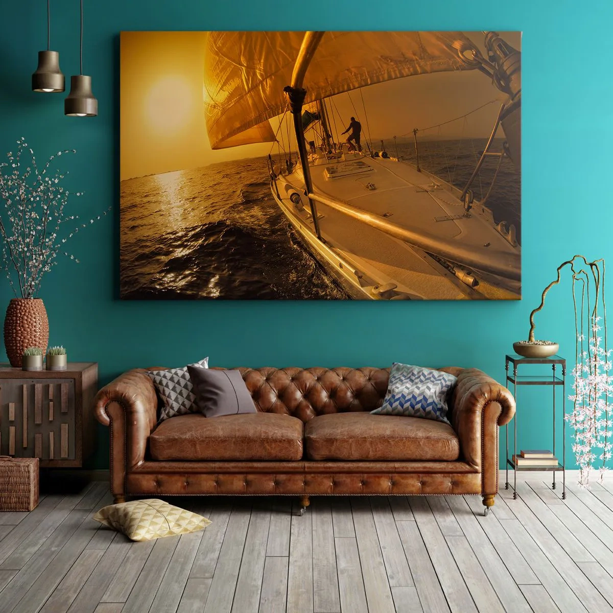 Quadro em tela - Veleiro no mar durante o pôr do sol, brilho dourado. - 70x50cm - Noite dourada depois de um dia multicolorido - Decoração de parede moderna para a sala de estar e quarto ARTTOR