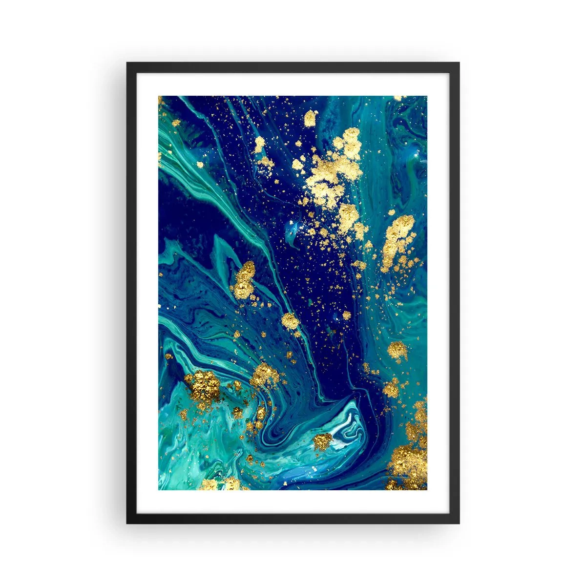 Pôster com moldura preta - Padrão abstrato em tons de azul e dourado - 50x70cm - Flocos de sol - Decoração de parede moderna para a sala de estar e quarto ARTTOR