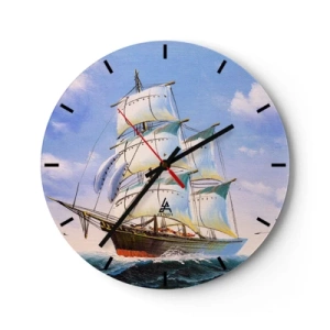 Relógio de parede - Relógio em vidro - Veleiros pictóricos em um mar tempestuoso sob um céu azul - 30x30cm - Orgulhosamente com o vento - Decoração de parede moderna para a sala de estar, cozinha e quarto ARTTOR